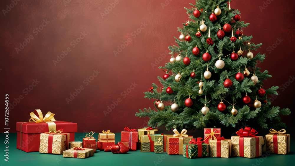 Matte Christmas background in red, green, and gold, traditional festive design Matte Christmas background in red, green, and gold, traditional festive design