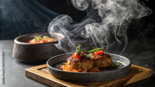 Steaming Hot Meatballs with Garnish on a Black Plate