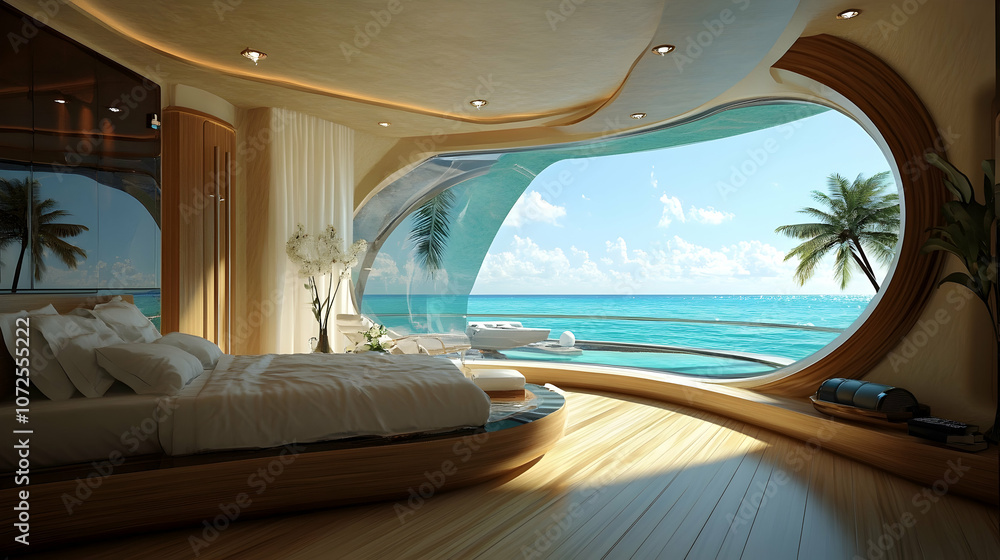 Fototapeta premium Luxurious yacht bedroom with modern amenities and panoramic ocean views, perfect for upscale vacations -
