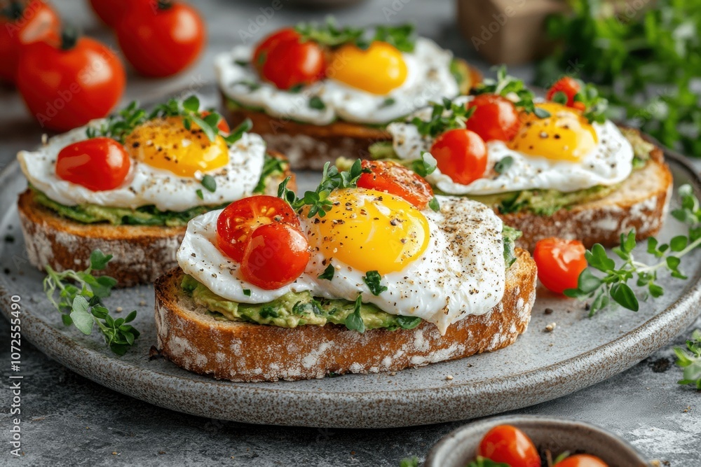 Delicious avocado toast topped with sunny-side-up eggs, cherry tomatoes, and fresh herbs on a rustic plate. Perfect breakfast or brunch idea for food lovers. Delicious avocado toast topped with sunny-side-up eggs, cherry tomatoes, and fresh herbs on a rustic plate. Perfect breakfast or brunch idea for food lovers.
