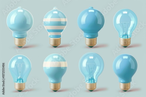 Blue light bulbs, lamp icon set, lightbulbs isolated, render style minimal light bulbs, creativity idea