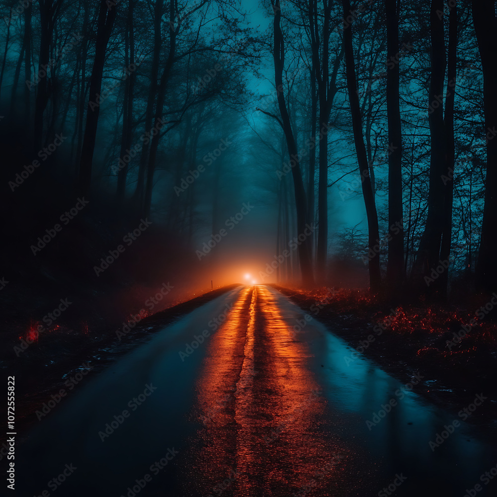 Mysterious glowing pathway through shadowy foggy forest image