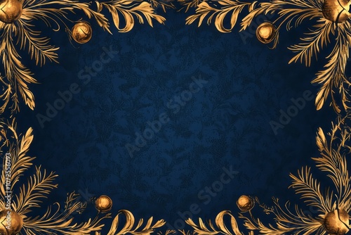 Gold Floral Frame on Deep Blue Background