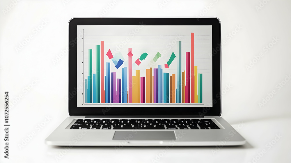 Modern laptop isolated on a white background with arrow charts - Modern laptop isolated on a white background with arrow charts -