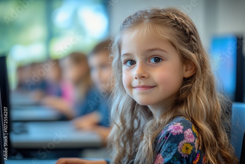 portrait of a girl smiling in the classroom.