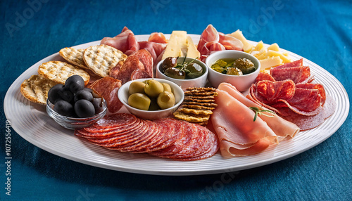 Antipasto. A beautifully arranged charcuterie platter featuring a variety of meats, cheeses, olives, and crisp crackers, perfect for entertaining or a gourmet snack. Italian food photo