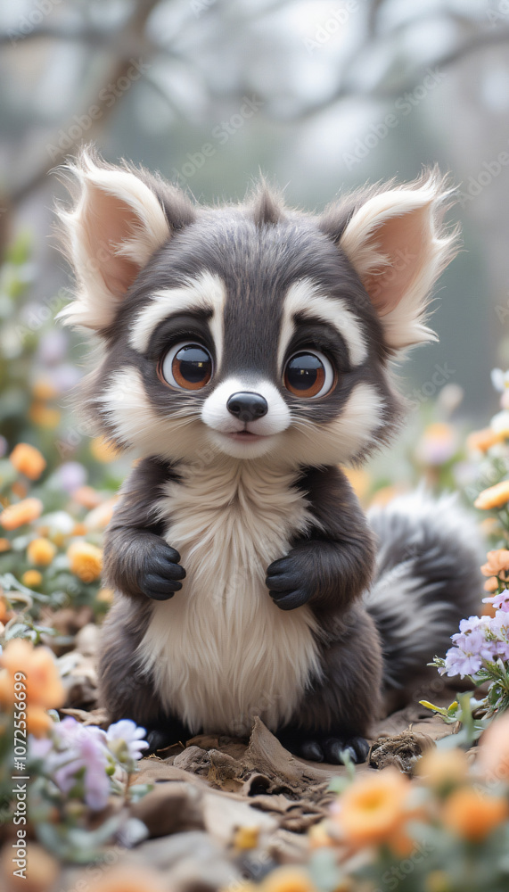 Obraz premium Adorable Baby Raccoon Standing in a Flowering Field