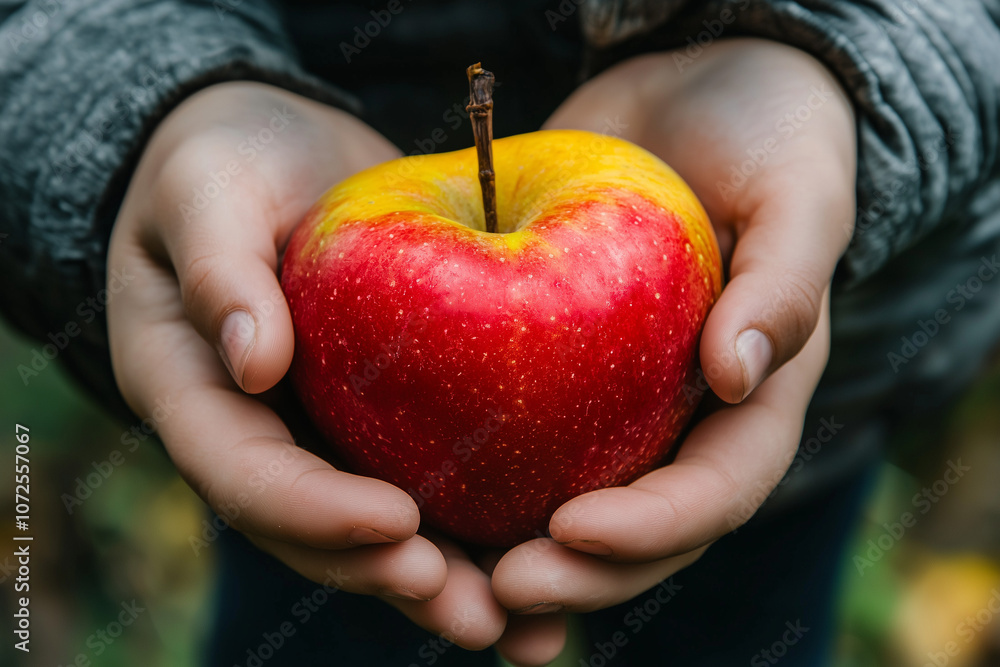 A child holding a red and yellow apple in both hands, with a blurred background of trees and autumn leaves. A child holding a red and yellow apple in both hands, with a blurred background of trees and autumn leaves.