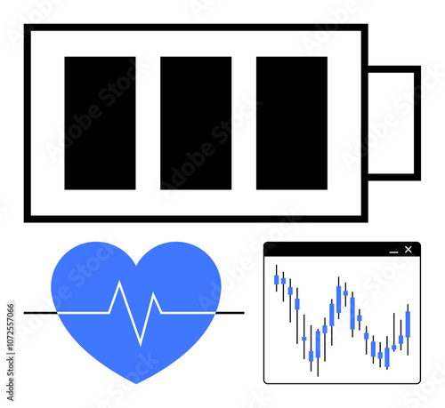 Battery icon, heartbeat line inside blue heart, and fluctuating graph chart. Ideal for health, technology, fitness, energy, medical statistics data analysis. Line metaphor