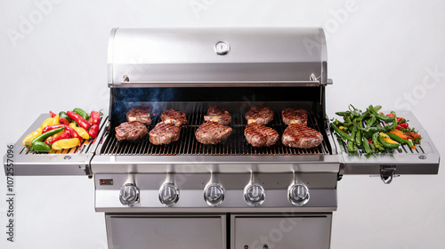 professional stainless steel barbecue grill with perfectly grilled steaks and vegetables