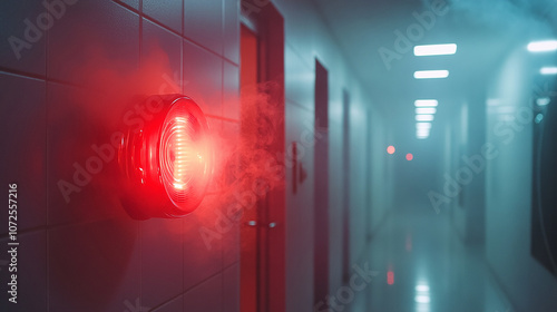 Blinking fire alarm in a smoky hallway