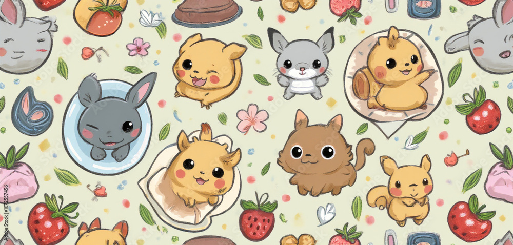 Obraz premium Seamless Pattern of Cute Animals and Fruits on a Light Background