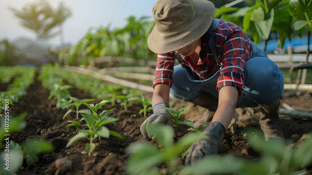 Fototapeta premium Farmers Planting New Seedlings in Fertile Farmland
