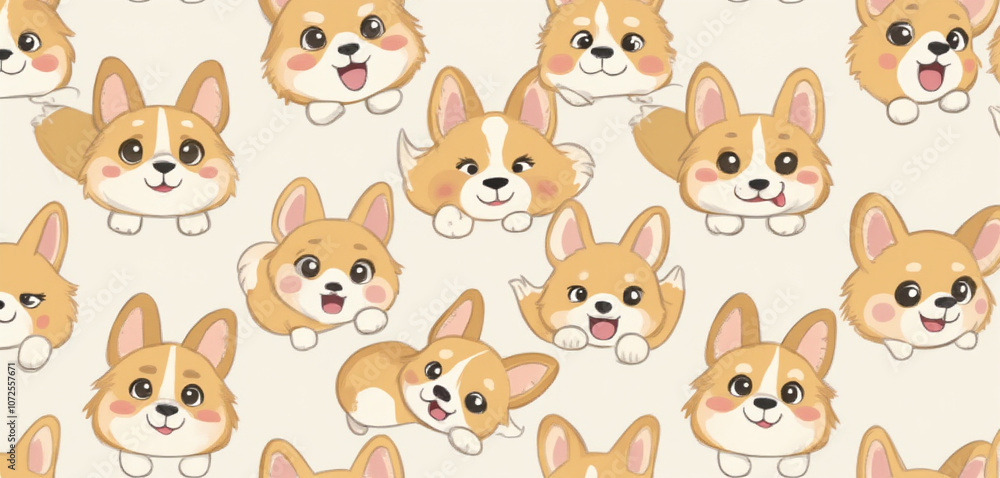 Seamless Pattern of Playful Corgi Puppies on a Soft Beige Background Seamless Pattern of Playful Corgi Puppies on a Soft Beige Background