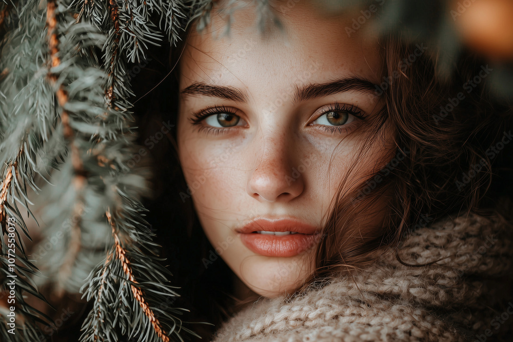 A close-up of a young woman's face framed by pine branches, looking directly at the camera with a gentle expression. A close-up of a young woman's face framed by pine branches, looking directly at the camera with a gentle expression.