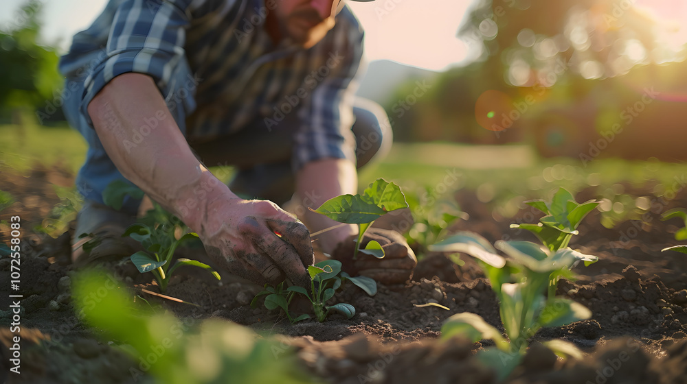 Fototapeta premium Cultivating New Life in Vibrant Farmland with Seedlings Planting