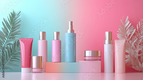 Discover the allure of cosmetic products displayed in a gradient color arrangement with soothing backgrounds and elegant packaging