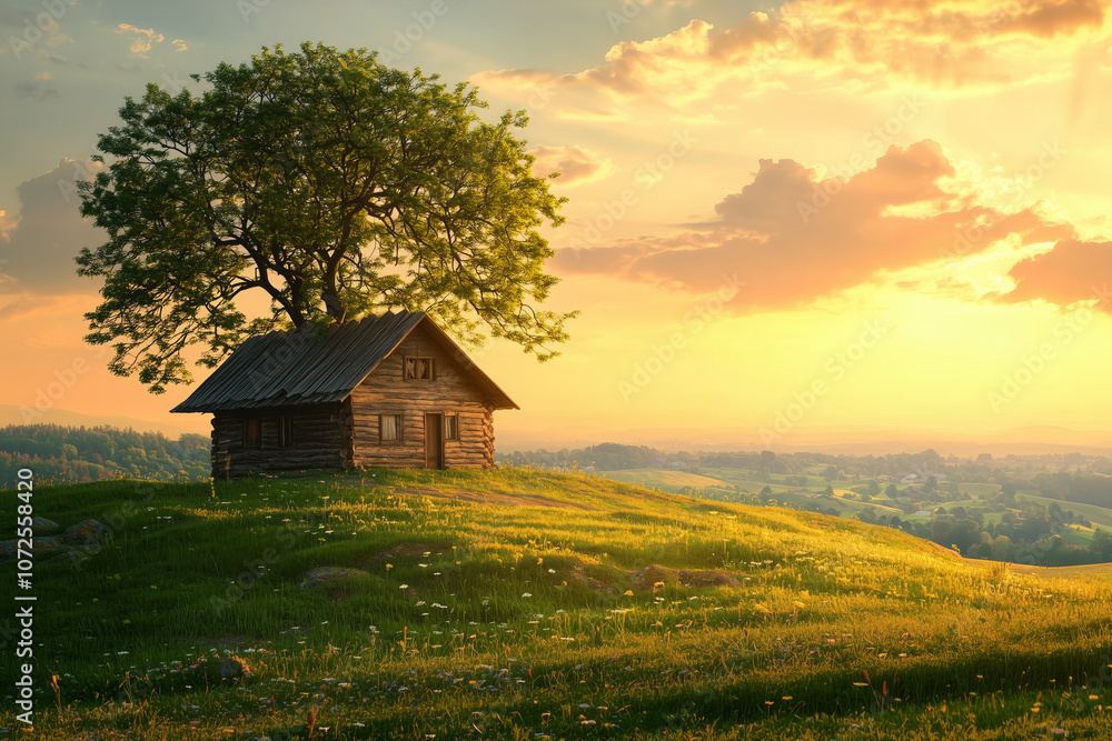 A rustic log cabin nestled on a hillside with a large tree above it, set against a golden sunset sky. A rustic log cabin nestled on a hillside with a large tree above it, set against a golden sunset sky.