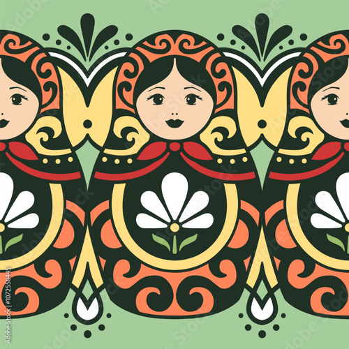 Matryoshka. Russian traditional doll. Decorative pattern element. Seamless texture. Vector illustration. 