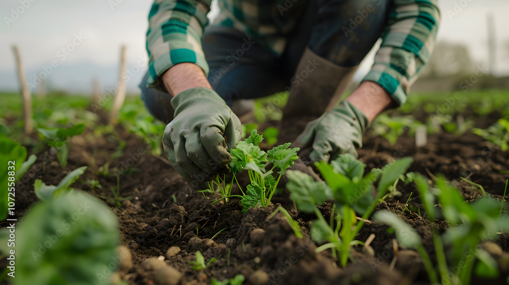 Fototapeta premium Organic Seed Planting in Fertile Farmland by a Skilled Farmer