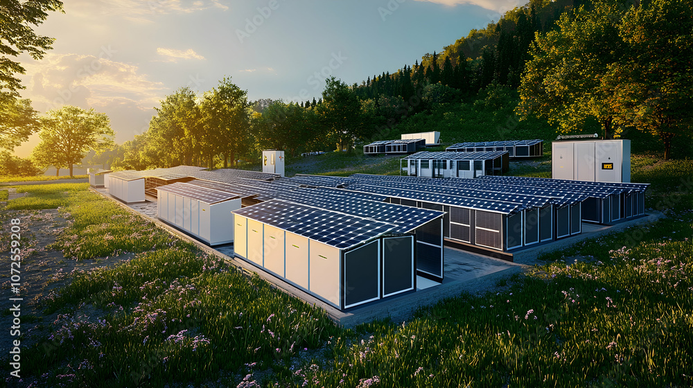 Obraz premium Solar energy with solar battery storage units, emphasizing sustainability and power efficiency -