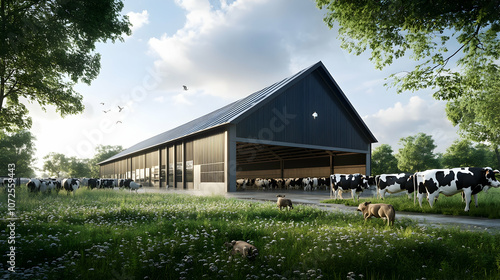 Spacious modern barn with black and white dairy cows, ideal for agricultural and livestock management themes - photo