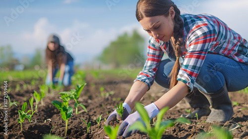 Young Farmer Nurturing Plants in Freshly Plowed Field