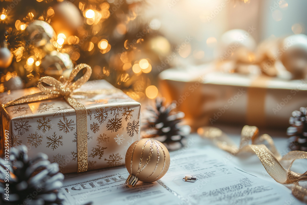 A Christmas gift wrapped in snowflake-patterned paper with golden ribbon and ornaments in the background. A Christmas gift wrapped in snowflake-patterned paper with golden ribbon and ornaments in the background.