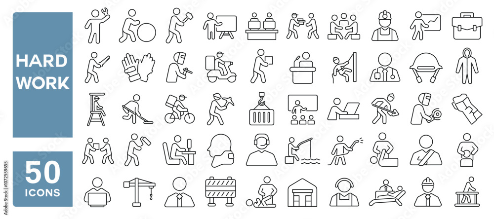 © M Design - Set of 50 line icons related to hard work, worker, labor, heavy, effort, difficult, task, carry, industrial, Editable stroke. Vector illustration © M Design - Set of 50 line icons related to hard work, worker, labor, heavy, effort, difficult, task, carry, industrial, Editable stroke. Vector illustration
