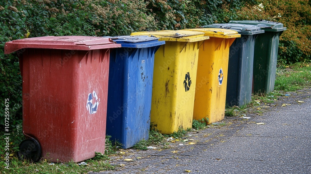 Recycling Bins Lined Up on a Sidewalk Recycling Bins Lined Up on a Sidewalk