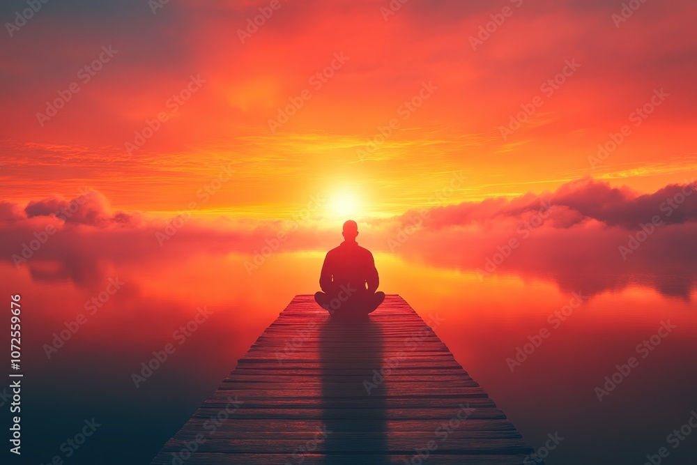 Silhouette of a person meditating on a dock during a vibrant sunset reflection over calm waters Silhouette of a person meditating on a dock during a vibrant sunset reflection over calm waters
