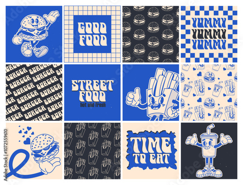 Vector set of retro-style food illustrations featuring burgers, fries, and drinks. Includes bold typography with phrases like Good Food, Street Food, and Time to Eat. Perfect for fast food branding