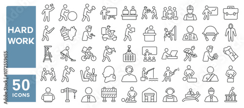 Set of 50 line icons related to hard work, worker, labor, heavy, effort, difficult, task, carry, industrial, Editable stroke. Vector illustration
