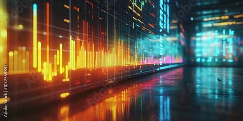 Colorful data analysis graph with multiple line charts overlaid on a bar chart, representing trends