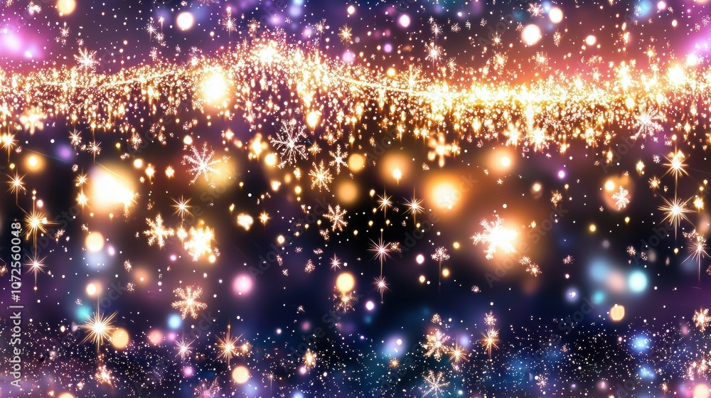Sparkling lights and snowflakes against a dark, starry sky Sparkling lights and snowflakes against a dark, starry sky