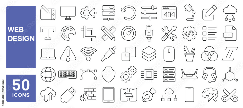 Set of 50 line icons related to web design, creative, internet, interface, page, software, artwork, development, website, Editable stroke. Vector illustration Set of 50 line icons related to web design, creative, internet, interface, page, software, artwork, development, website, Editable stroke. Vector illustration