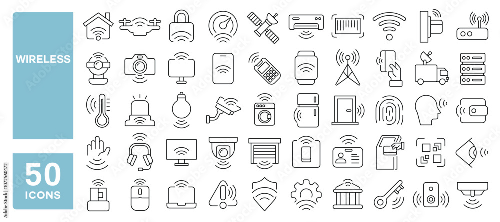 Set of 50 line icons related to wireless, signal, access, payment, device, hotspot, technology, wave, internet, connect, smart, Editable stroke. Vector illustration Set of 50 line icons related to wireless, signal, access, payment, device, hotspot, technology, wave, internet, connect, smart, Editable stroke. Vector illustration