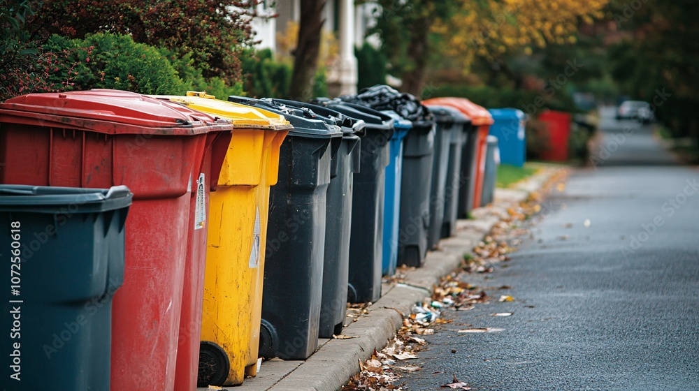 Colorful Garbage Bins Lined Up on a Street Colorful Garbage Bins Lined Up on a Street
