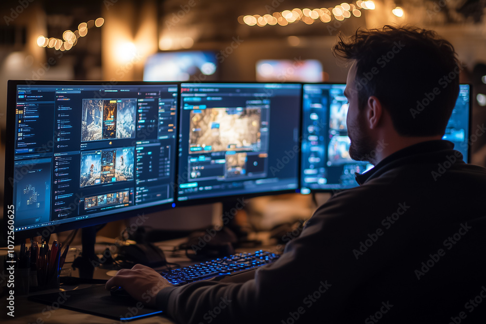 A person is fully immersed in online gaming, surrounded by vivid displays and captivating graphics A person is fully immersed in online gaming, surrounded by vivid displays and captivating graphics