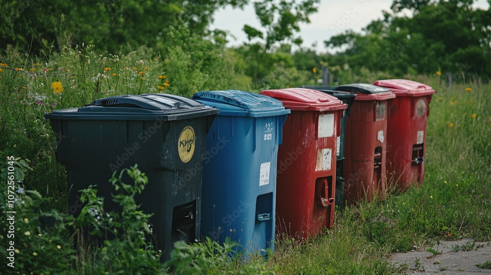 Row of Colorful Recycling Bins in a Park Row of Colorful Recycling Bins in a Park