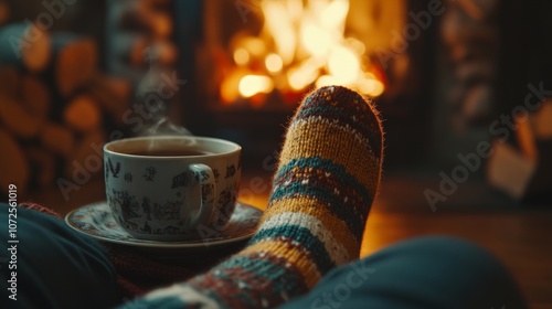 Relaxing by the fireplace in wool socks, enjoying a cozy winter day