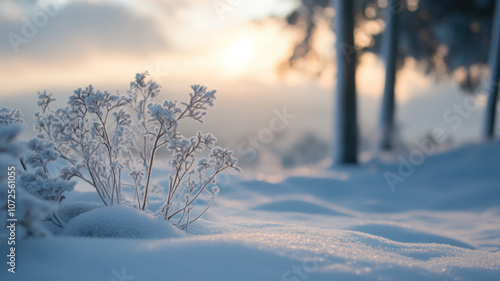 Beautiful winter landscape. Snow and frost covered plants.  Snowy scenery, cold and crisp sunny day. photo