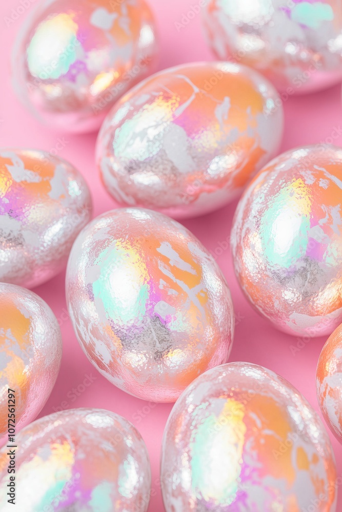 metallic and pastel-colored Easter eggs, with bright colors like orange and pink adorned with silver and iridescent foil details metallic and pastel-colored Easter eggs, with bright colors like orange and pink adorned with silver and iridescent foil details