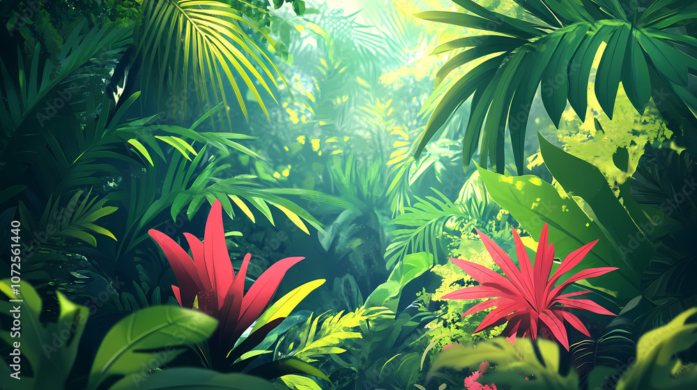 Fototapeta premium Tropical garden with lush greenery and a variety of plants, captured in bright daylight, showcasing the vibrant colors and exotic foliage. Vibrant. Illustration