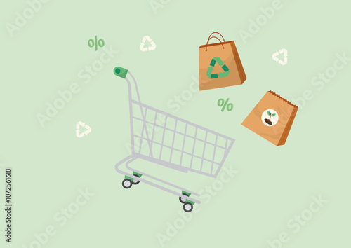 Sustainable Shopping Cart with Eco-Friendly Bags. Plastic-Free Products. Eco-friendly buying. Eco procurement. Ethical Purchases. Low-Waste Shopping. Vector illustration