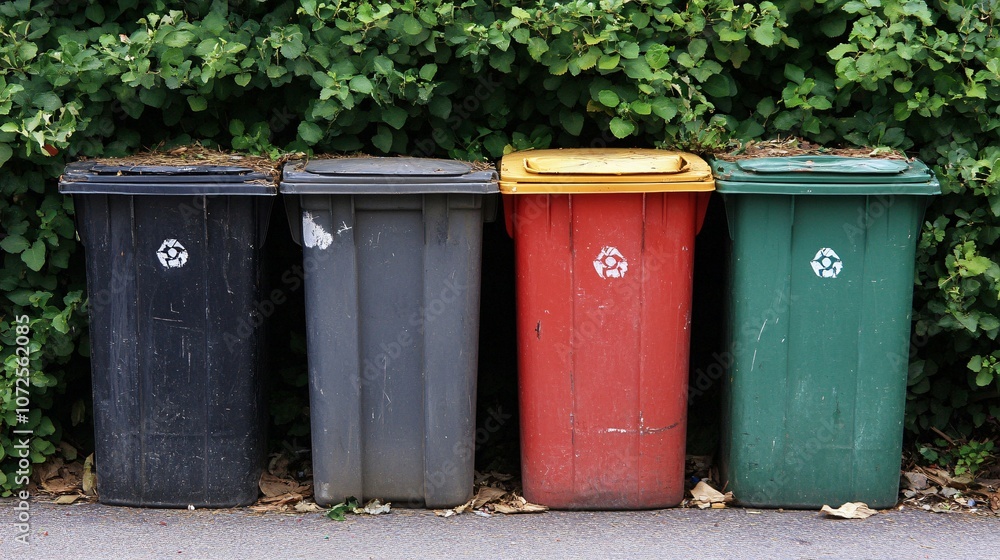 Four Recycling Bins in Front of Green Bush Four Recycling Bins in Front of Green Bush