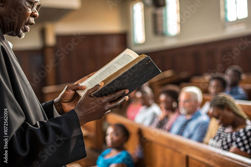 A detailed view of the Bible in the minister hands, with the congregation in the background, listening intently. The scene captures the essence of faith, guidance, and the power of the Gospel