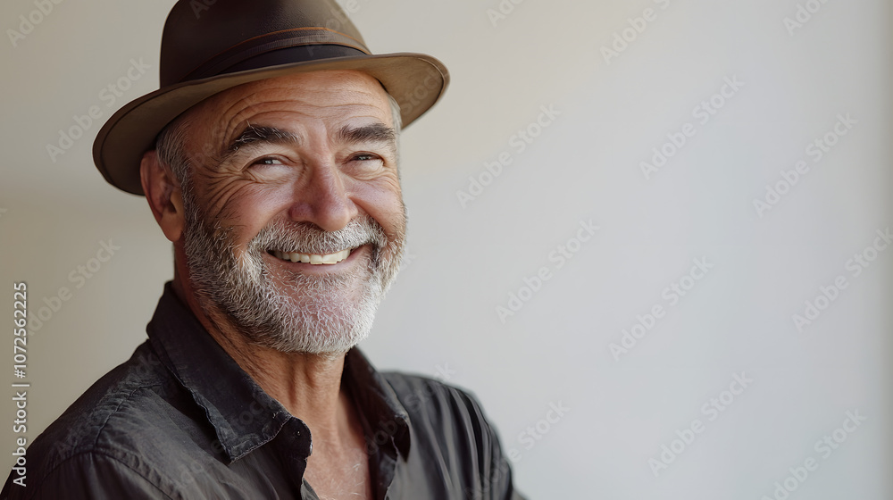Portrait of an elderly man smiling in a hat, with natural light capturing his joyful expression and individuality in a casual and stylish setting Portrait of an elderly man smiling in a hat, with natural light capturing his joyful expression and individuality in a casual and stylish setting