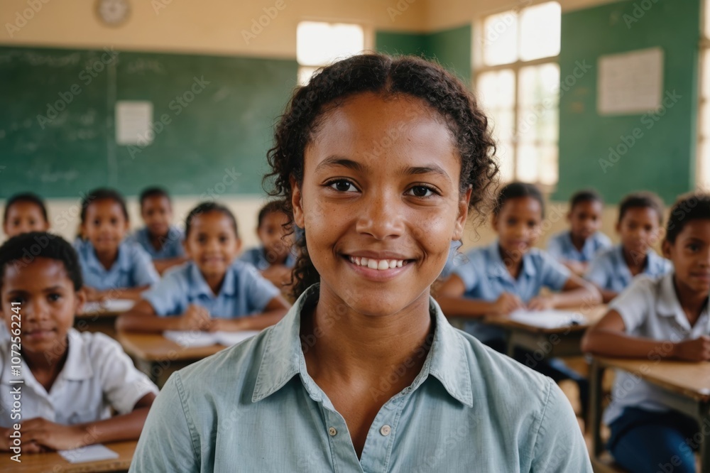 Close portrait of a smiling young Malagasy female elegant primary school teacher standing and looking at the camera, indoors almost empty classroom blurred background Close portrait of a smiling young Malagasy female elegant primary school teacher standing and looking at the camera, indoors almost empty classroom blurred background