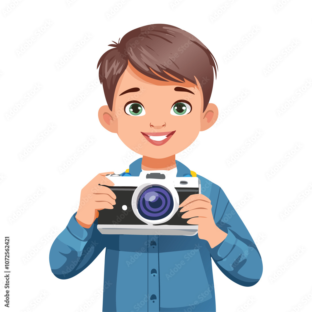 Illustration of a boy who likes holding a camera and smiling Illustration of a boy who likes holding a camera and smiling